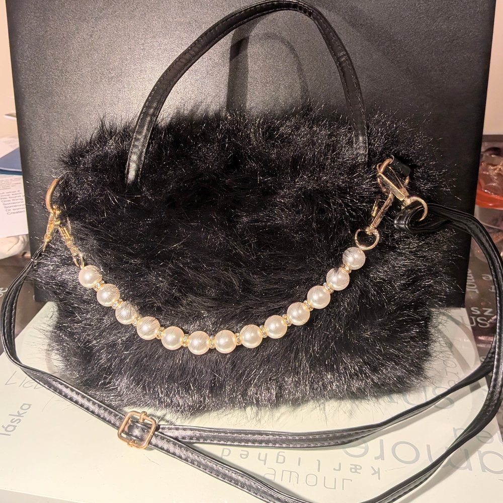 Elegant Black Faux Fur Handbag with Pearl Accent W Detachable Adjustable Strap